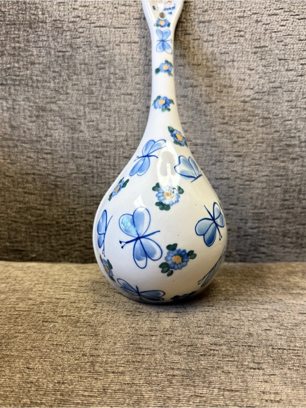 Polish Pottery Blue Butterfly & Floral Ceramic Large Ladle Signed A. Beszayi.